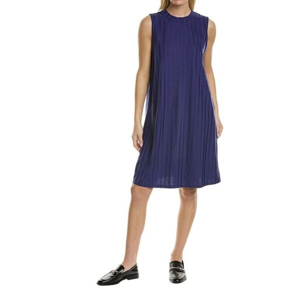 Eileen Fisher Wide Rib Stretch Mock Neck Sleeveless Dress Blue Iris L  1348 - Picture 1 of 7